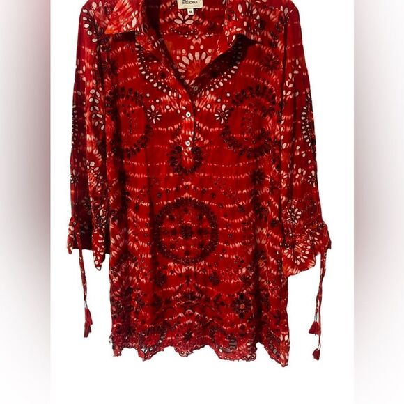 Label RITU KUMAR Indian Anthropologie Red Boho Tie Dye Eyelet Empire Dress M. - Picture 4 of 5